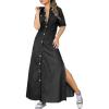imagechouyatou Womens Summmer Button Down Distressed Maxi Denim Shirt Dress Short Sleeve Flared Jean DressBlack