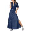 imagechouyatou Womens Summmer Button Down Distressed Maxi Denim Shirt Dress Short Sleeve Flared Jean DressDark Blue