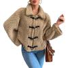 imagechouyatou Womens Warm Fall Winter Cropped Fleece Sherpa Jacket Lapel Short Teddy Faux Fur Horn Button CoatBrown