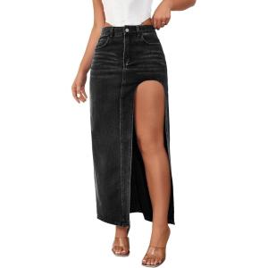 imageWomens Casual High Waist Split Thigh Jean Skirt A Line Long Maxi Slim Denim SkirtBlack