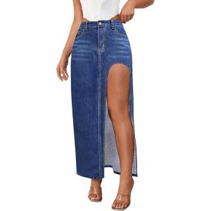 imageWomens Casual High Waist Split Thigh Jean Skirt A Line Long Maxi Slim Denim SkirtDark Blue