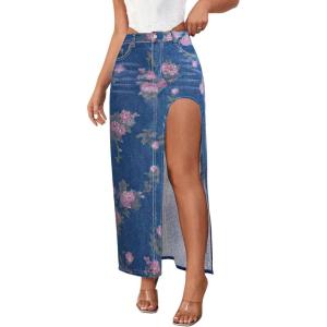 imageWomens Casual High Waist Split Thigh Jean Skirt A Line Long Maxi Slim Denim SkirtFloral Dark Blue