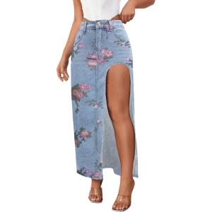imageWomens Casual High Waist Split Thigh Jean Skirt A Line Long Maxi Slim Denim SkirtFloral Light Blue