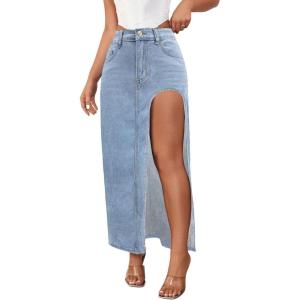 imageWomens Casual High Waist Split Thigh Jean Skirt A Line Long Maxi Slim Denim SkirtLight Blue