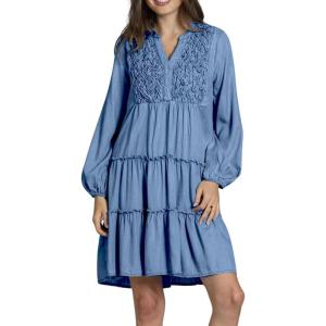 imagechouyatou Women Casual Notch Neck Tiered Babydoll Denim Dress Ruched ALine Long Sleeve Jean Tunic DressBlue