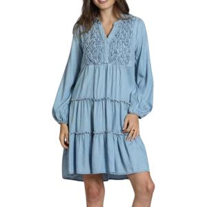 imagechouyatou Women Casual Notch Neck Tiered Babydoll Denim Dress Ruched ALine Long Sleeve Jean Tunic DressLight Blue
