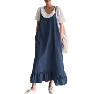 imagechouyatou Womens Baggy Spaghetti Strap Denim Overall Dress Ruffle Jumper Dress Maxi Sundress with Pocket