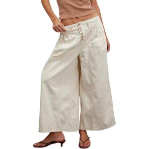 imagechouyatou Womens Boyfriend Baggy Jeans Flare Wide Leg Denim Pants Elastic Waist Button Pleated Capri Culotte JeansBeige White