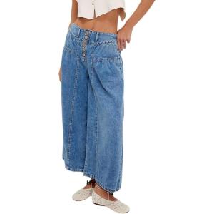 imagechouyatou Womens Boyfriend Baggy Jeans Flare Wide Leg Denim Pants Elastic Waist Button Pleated Capri Culotte JeansDark Blue