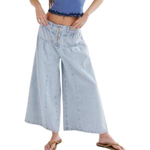 imagechouyatou Womens Boyfriend Baggy Jeans Flare Wide Leg Denim Pants Elastic Waist Button Pleated Capri Culotte JeansLight Blue