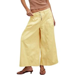 imagechouyatou Womens Boyfriend Baggy Jeans Flare Wide Leg Denim Pants Elastic Waist Button Pleated Capri Culotte JeansYellow