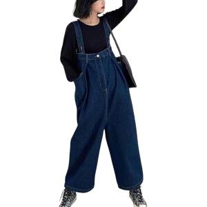 imagechouyatou Womens Casual Loose Adjustable Strap Denim Overall Baggy Wide Leg Jeans Jumpsuits Capri PantsDark Blue
