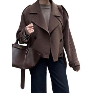 imagechouyatou Womens Cropped Wool Coat Double Breasted Business Casual Short Winter Trench CoatDark Brown