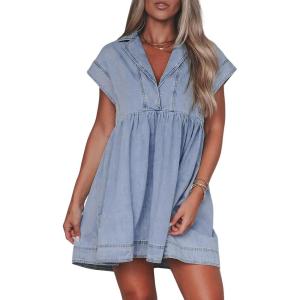 imagechouyatou Womens Cute Denim Babydoll Tunic Dress Vintage Notched Lapel Sleeveless Tank Mini DressLight Blue
