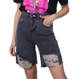 imagechouyatou Womens Distressed Jean Shorts Frayed Ripped Y2K Raw Hem Five Points Bermuda Denim ShortsBlack Grey