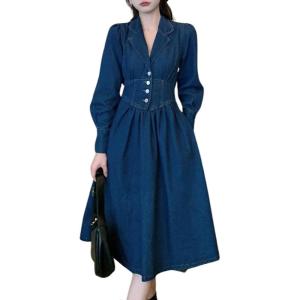 imagechouyatou Womens Elegant Notch Lapel Denim Dress Smocked Backless Midi Jean Shirt Dress with PocketsDark Blue