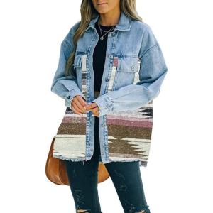 imagechouyatou Womens Ethnic Aztec Geometric Pattern Frayed Denim Jean Jacket ShacketsBrown
