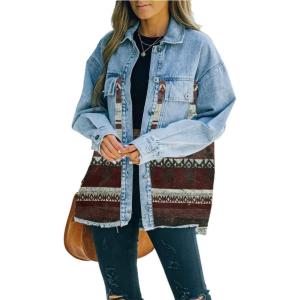 imagechouyatou Womens Ethnic Aztec Geometric Pattern Frayed Denim Jean Jacket ShacketsDark Red
