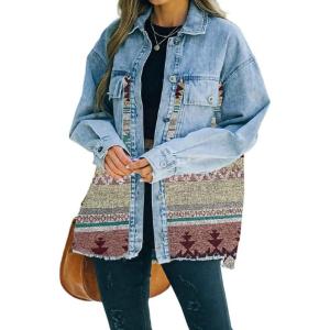 imagechouyatou Womens Ethnic Aztec Geometric Pattern Frayed Denim Jean Jacket ShacketsGreen