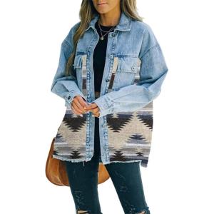 imagechouyatou Womens Ethnic Aztec Geometric Pattern Frayed Denim Jean Jacket ShacketsGrey