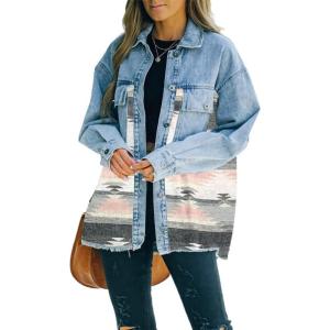 imagechouyatou Womens Ethnic Aztec Geometric Pattern Frayed Denim Jean Jacket ShacketsPink