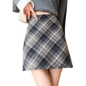 imagechouyatou Womens Fall Winter Mini Plaid Skirt High Waist Wool Blend Short ALine Bodycon Pencil SkirtDark Blue