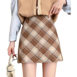 imagechouyatou Womens Fall Winter Mini Plaid Skirt High Waist Wool Blend Short ALine Bodycon Pencil SkirtKhaki