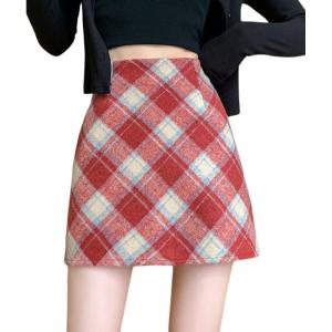 imagechouyatou Womens Fall Winter Mini Plaid Skirt High Waist Wool Blend Short ALine Bodycon Pencil SkirtRed