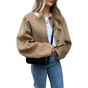 imagechouyatou Womens Hidden Single Breasted Crop Wool Jacket Business Casual Short Wool CoatBrown