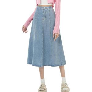 imagechouyatou Womens High Elastic Waist Spring Midi Denim Skirt Casual ALine Pleated Umbrella Jean SkirtLightblue