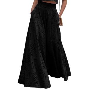 imagechouyatou Womens Hollow Out Eyelet Maxi Boho Skirt Back Smocked Waist Lace Floral Flowy Long Skirt with PocketsBlack