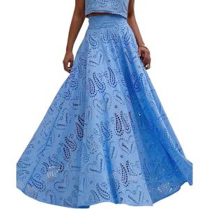 imagechouyatou Womens Hollow Out Eyelet Maxi Boho Skirt Back Smocked Waist Lace Floral Flowy Long Skirt with PocketsBlue