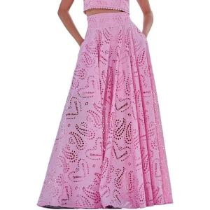 imagechouyatou Womens Hollow Out Eyelet Maxi Boho Skirt Back Smocked Waist Lace Floral Flowy Long Skirt with PocketsPink