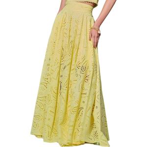 imagechouyatou Womens Hollow Out Eyelet Maxi Boho Skirt Back Smocked Waist Lace Floral Flowy Long Skirt with PocketsYellow