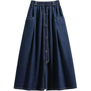 imagechouyatou Womens Retro Button Elastic Waist Denim Skirt ALine Pleated Midi Long Jean Skirt with PocketsDark Blue