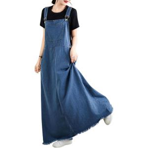 imagechouyatou Womens Sleeveless Denim Overall Dress Fringe Hem Slit Loose Baggy Maxi Long Bib Jumper DressBlue