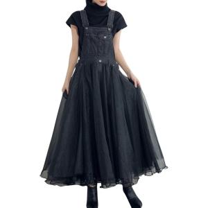 imagechouyatou Womens Sleeveless Denim Splicing Tulle Tutu Overall Dress Puffy Mesh Maxi Bib Jumper DressBlack