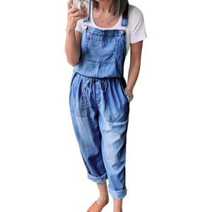 imagechouyatou Womens Summer Adjustable Strap Denim Overall Sleeveless Drawstring Waist Jeans JumpsuitBlue
