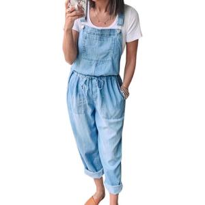 imagechouyatou Womens Summer Adjustable Strap Denim Overall Sleeveless Drawstring Waist Jeans JumpsuitLight Blue