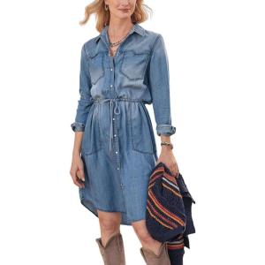 imagechouyatou Womens Summer Drawstring Denim Shirt Dress Button Down A Line Mini Denim DressBlue
