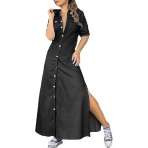 imagechouyatou Womens Summmer Button Down Distressed Maxi Denim Shirt Dress Short Sleeve Flared Jean DressBlack