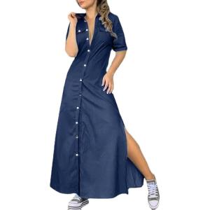 imagechouyatou Womens Summmer Button Down Distressed Maxi Denim Shirt Dress Short Sleeve Flared Jean DressDark Blue