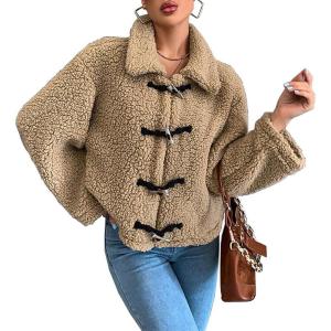 imagechouyatou Womens Warm Fall Winter Cropped Fleece Sherpa Jacket Lapel Short Teddy Faux Fur Horn Button CoatBrown