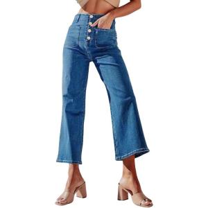 imagechouyatou Womens Y2k Buttoned Wide Leg Cropped Jeans High Waisted Capri Denim PantsDark Blue