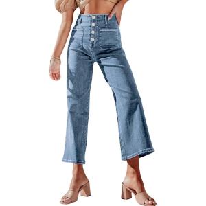imagechouyatou Womens Y2k Buttoned Wide Leg Cropped Jeans High Waisted Capri Denim PantsLight Blue