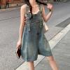 imagechouyatou Womens Summer Casual Loose Adjustable Straps Shorts Denim Overall Romper Bib Jeans ShortallsDark Blue