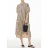 imagechouyatou Womens Summer Loose Fit Striped Midi Beach Dress Button Down Short Puff Sleeve Long Shirt DressBrown