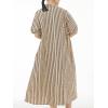 imagechouyatou Womens Summer Loose Fit Striped Midi Beach Dress Button Down Short Puff Sleeve Long Shirt DressBrown