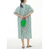 imagechouyatou Womens Summer Loose Fit Striped Midi Beach Dress Button Down Short Puff Sleeve Long Shirt DressGreen