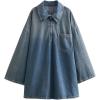 imagechouyatou Womens Y2k Lapel Collar 12 Zip Up Denim Shirt Dress Pullover Frayed Casual Mini Short Jean DressBlue